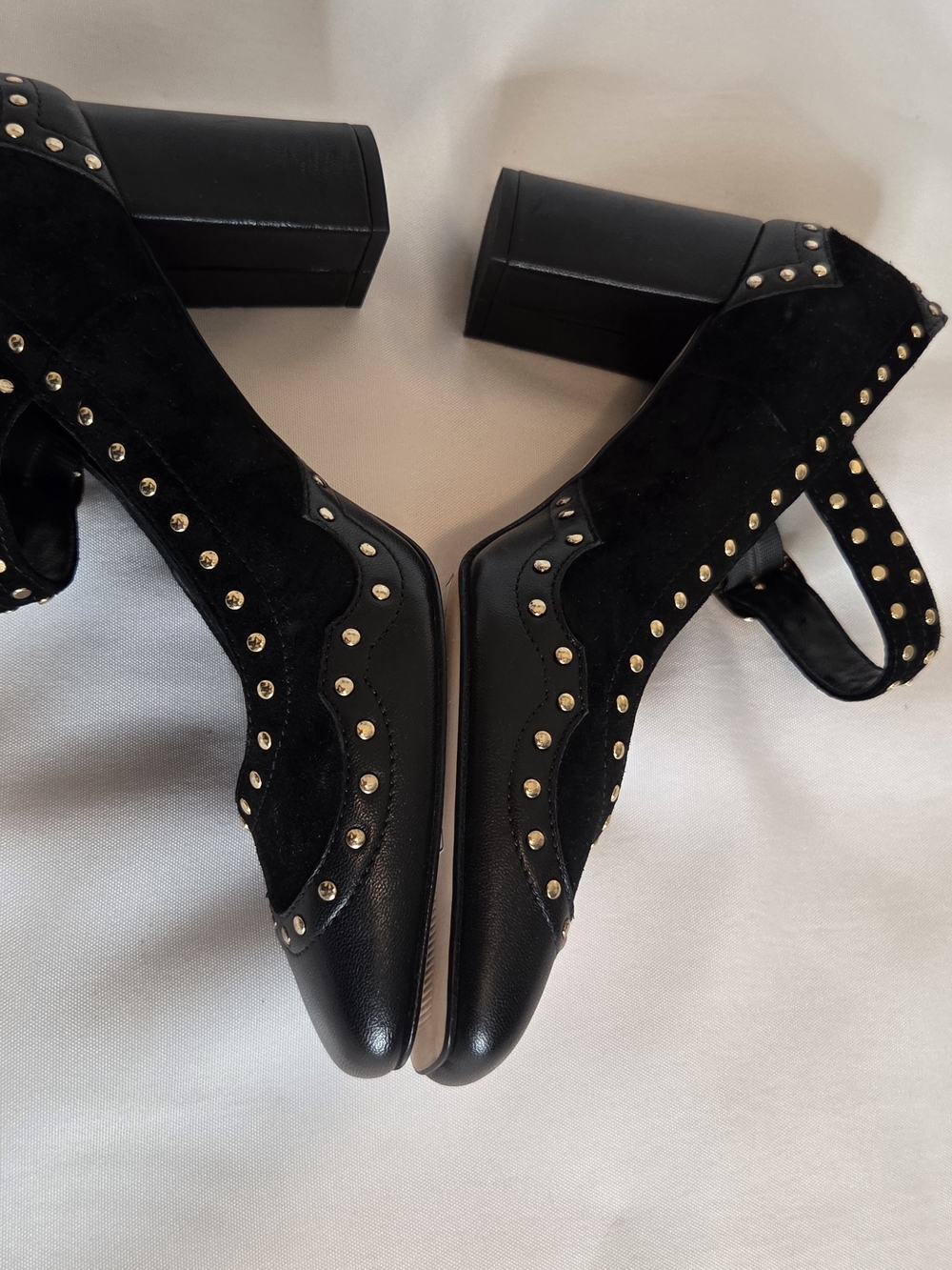 J Crew Black Studded Suede & Leather Block Heel Pumps